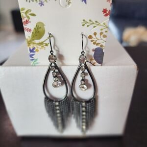 Gunmetal Teardrop Fringe Earrings with Clear Crystal Accents
